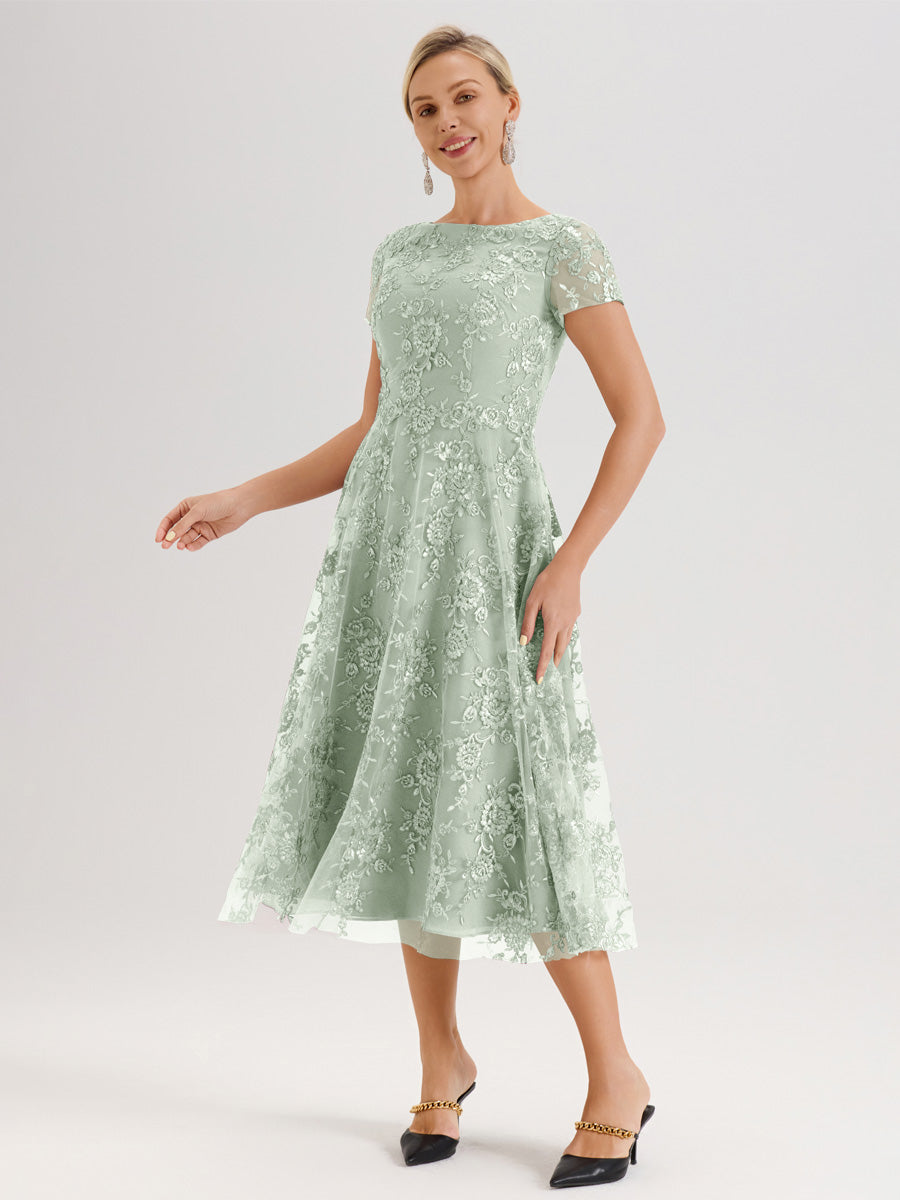 Cicinia Celadon Robe Mère De La Mariée Col Ras Du Cou Manches Courtes En Mousseline Et Dentelle Longueur Mi-Mollet