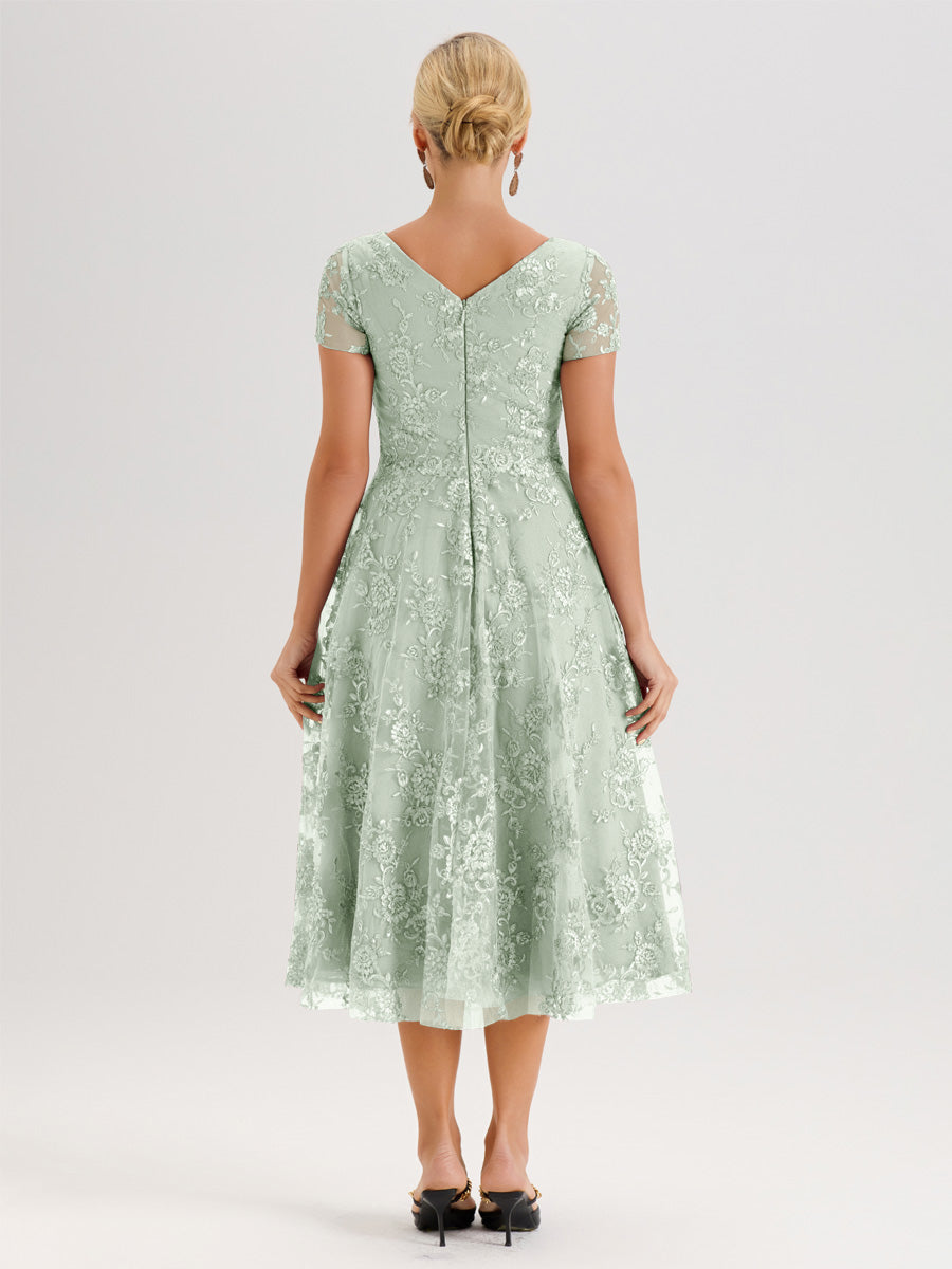 Cicinia Celadon Robe Mère De La Mariée Col Ras Du Cou Manches Courtes En Mousseline Et Dentelle Longueur Mi-Mollet