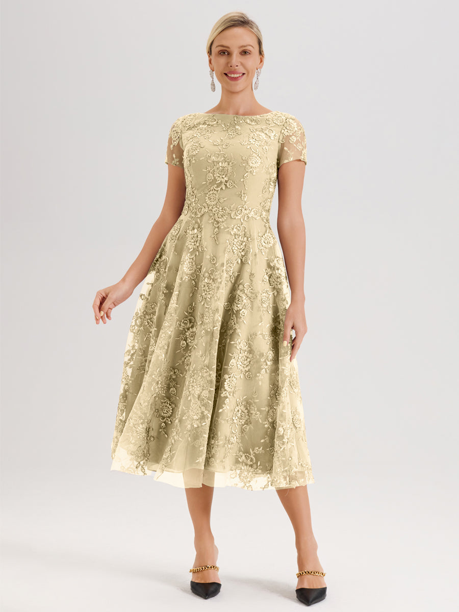 Cicinia Champagne Robe Mère De La Mariée Col Ras Du Cou Manches Courtes En Mousseline Et Dentelle Longueur Mi-Mollet