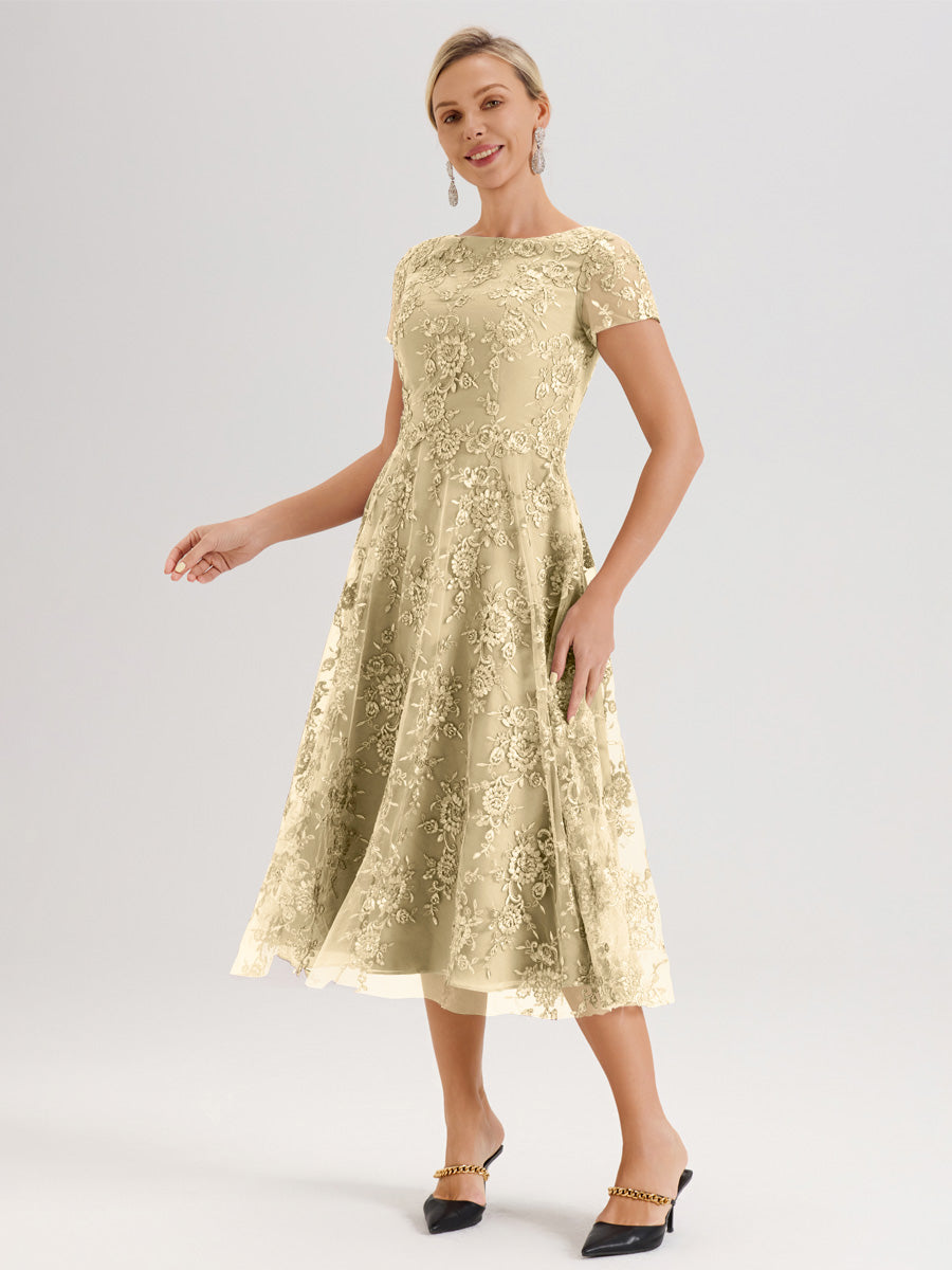 Cicinia Champagne Robe Mère De La Mariée Col Ras Du Cou Manches Courtes En Mousseline Et Dentelle Longueur Mi-Mollet