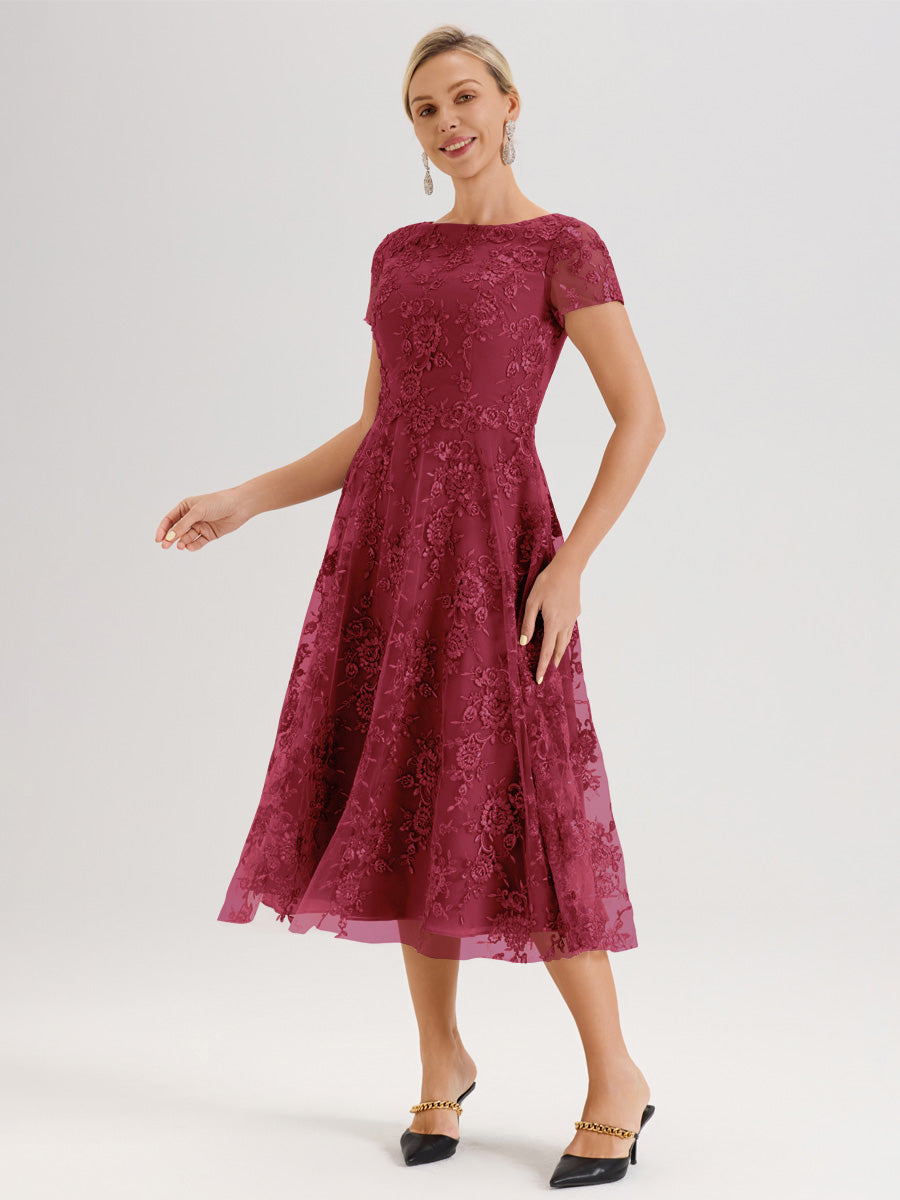 Cicinia Rose Cannelle Robe Mère De La Mariée Col Ras Du Cou Manches Courtes En Mousseline Et Dentelle Longueur Mi-Mollet