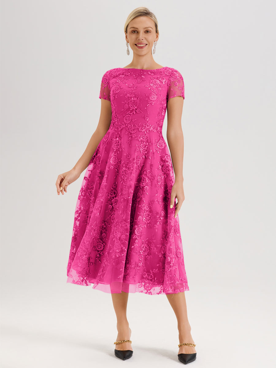 Cicinia Fuchsia Robe Mère De La Mariée Col Ras Du Cou Manches Courtes En Mousseline Et Dentelle Longueur Mi-Mollet