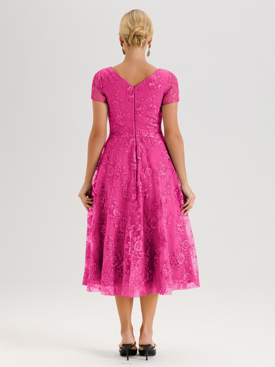 Cicinia Fuchsia Robe Mère De La Mariée Col Ras Du Cou Manches Courtes En Mousseline Et Dentelle Longueur Mi-Mollet