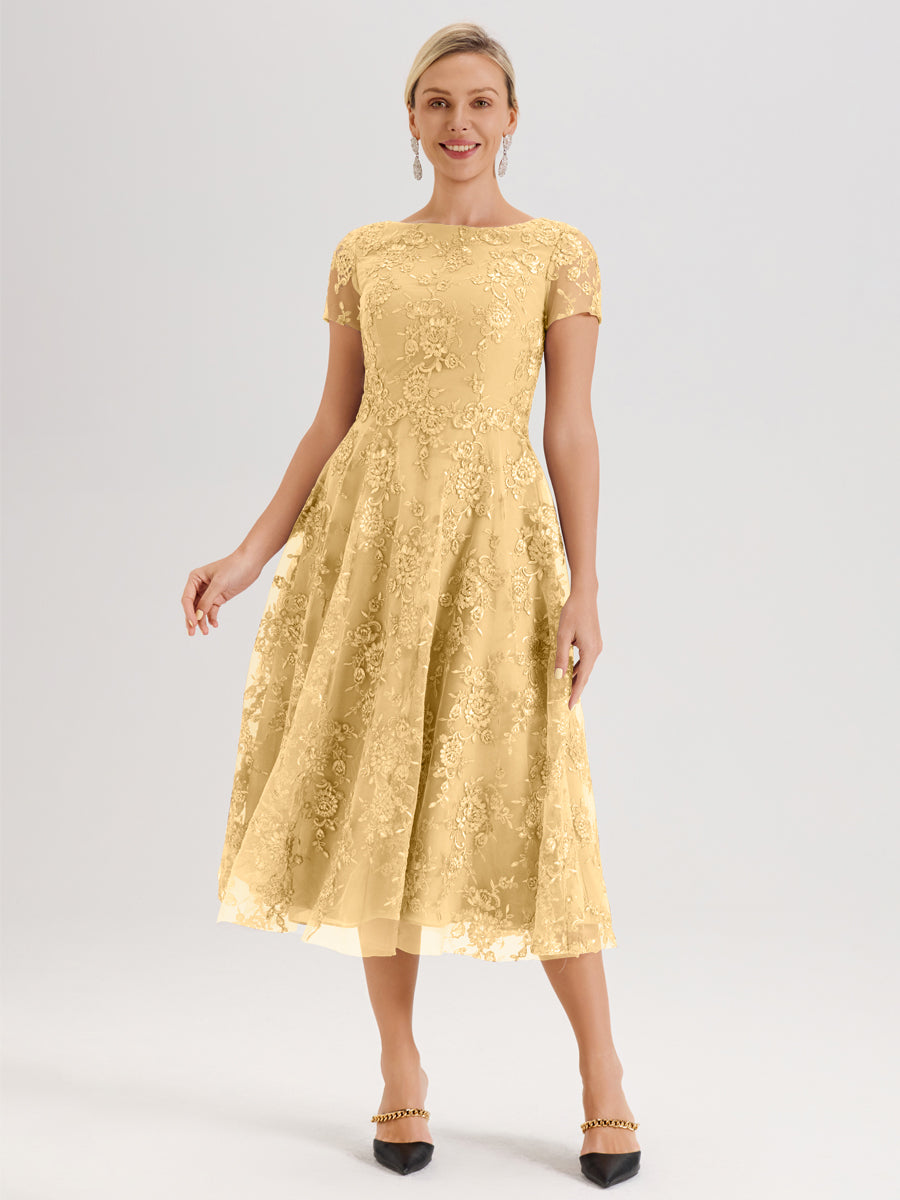 Cicinia Or Robe Mère De La Mariée Col Ras Du Cou Manches Courtes En Mousseline Et Dentelle Longueur Mi-Mollet