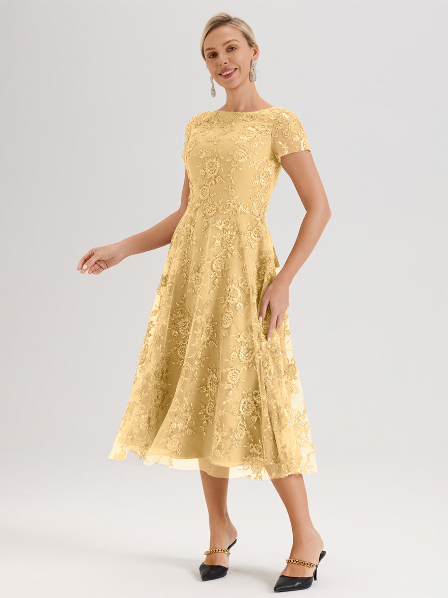 Cicinia Or Robe Mère De La Mariée Col Ras Du Cou Manches Courtes En Mousseline Et Dentelle Longueur Mi-Mollet