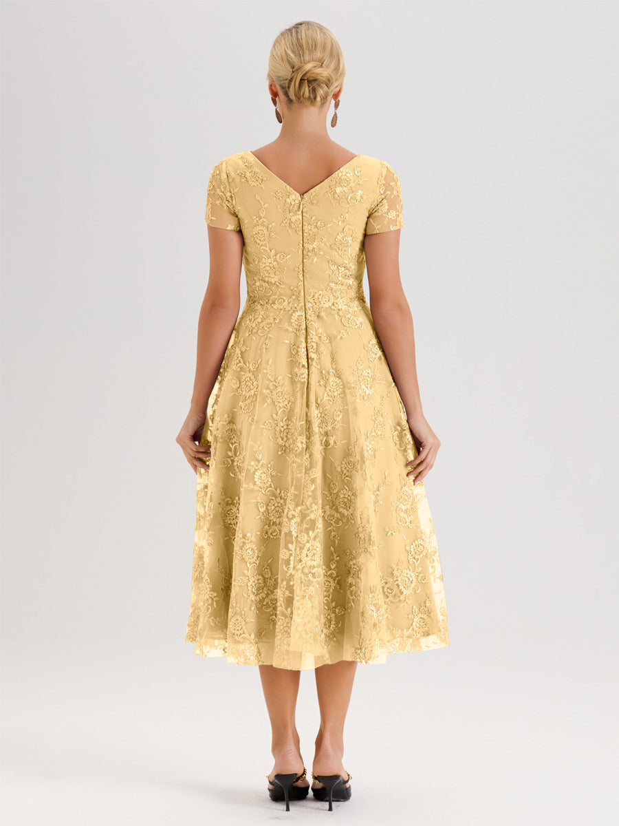 Cicinia Or Robe Mère De La Mariée Col Ras Du Cou Manches Courtes En Mousseline Et Dentelle Longueur Mi-Mollet