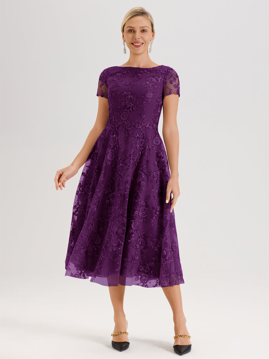 Cicinia Raisin Robe Mère De La Mariée Col Ras Du Cou Manches Courtes En Mousseline Et Dentelle Longueur Mi-Mollet