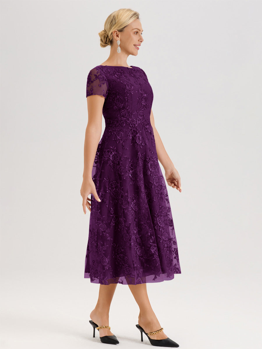Cicinia Raisin Robe Mère De La Mariée Col Ras Du Cou Manches Courtes En Mousseline Et Dentelle Longueur Mi-Mollet