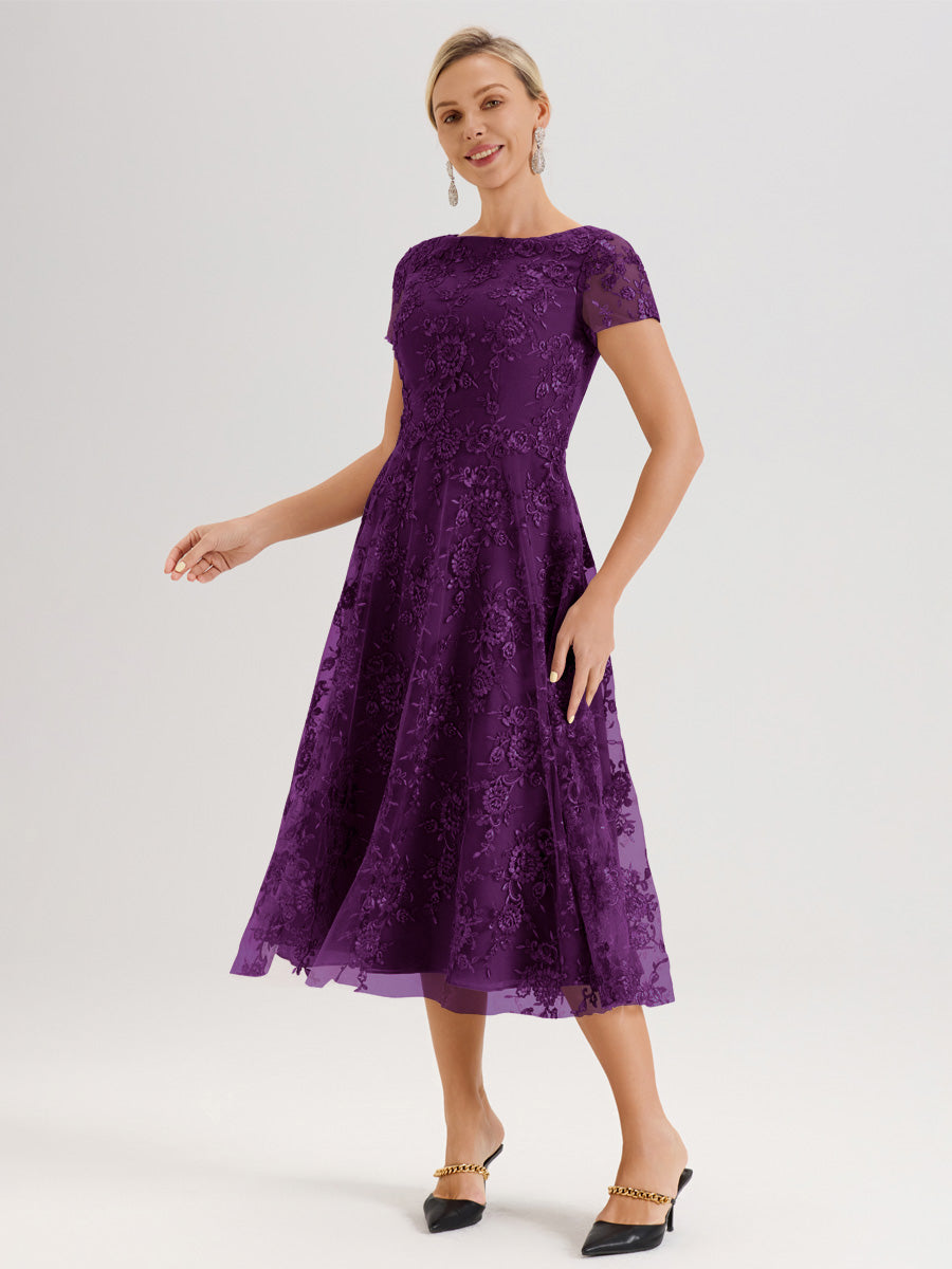 Cicinia Raisin Robe Mère De La Mariée Col Ras Du Cou Manches Courtes En Mousseline Et Dentelle Longueur Mi-Mollet