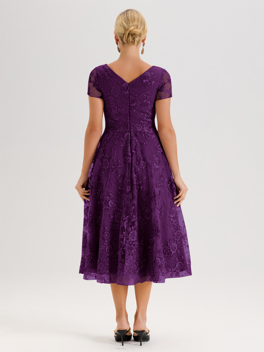Cicinia Raisin Robe Mère De La Mariée Col Ras Du Cou Manches Courtes En Mousseline Et Dentelle Longueur Mi-Mollet