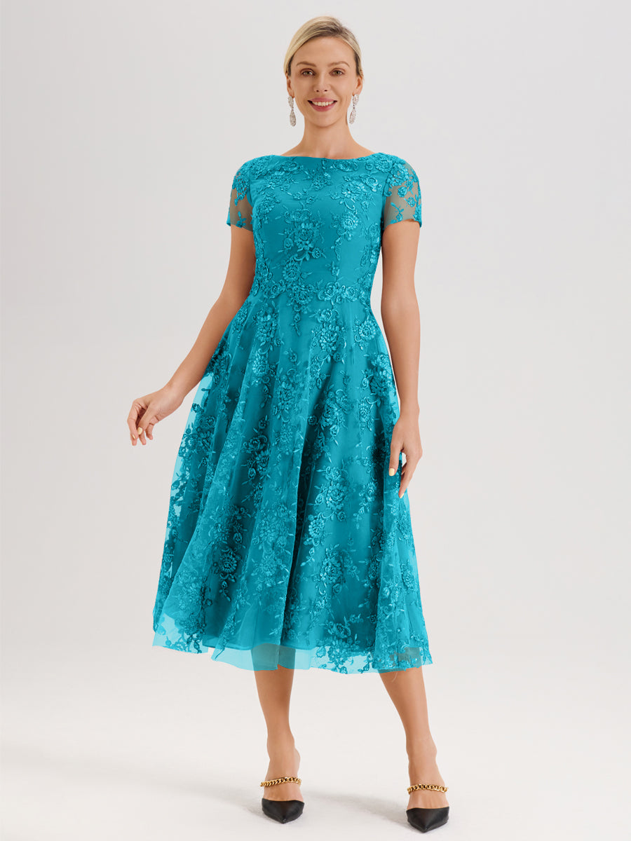 Cicinia Jade Robe Mère De La Mariée Col Ras Du Cou Manches Courtes En Mousseline Et Dentelle Longueur Mi-Mollet