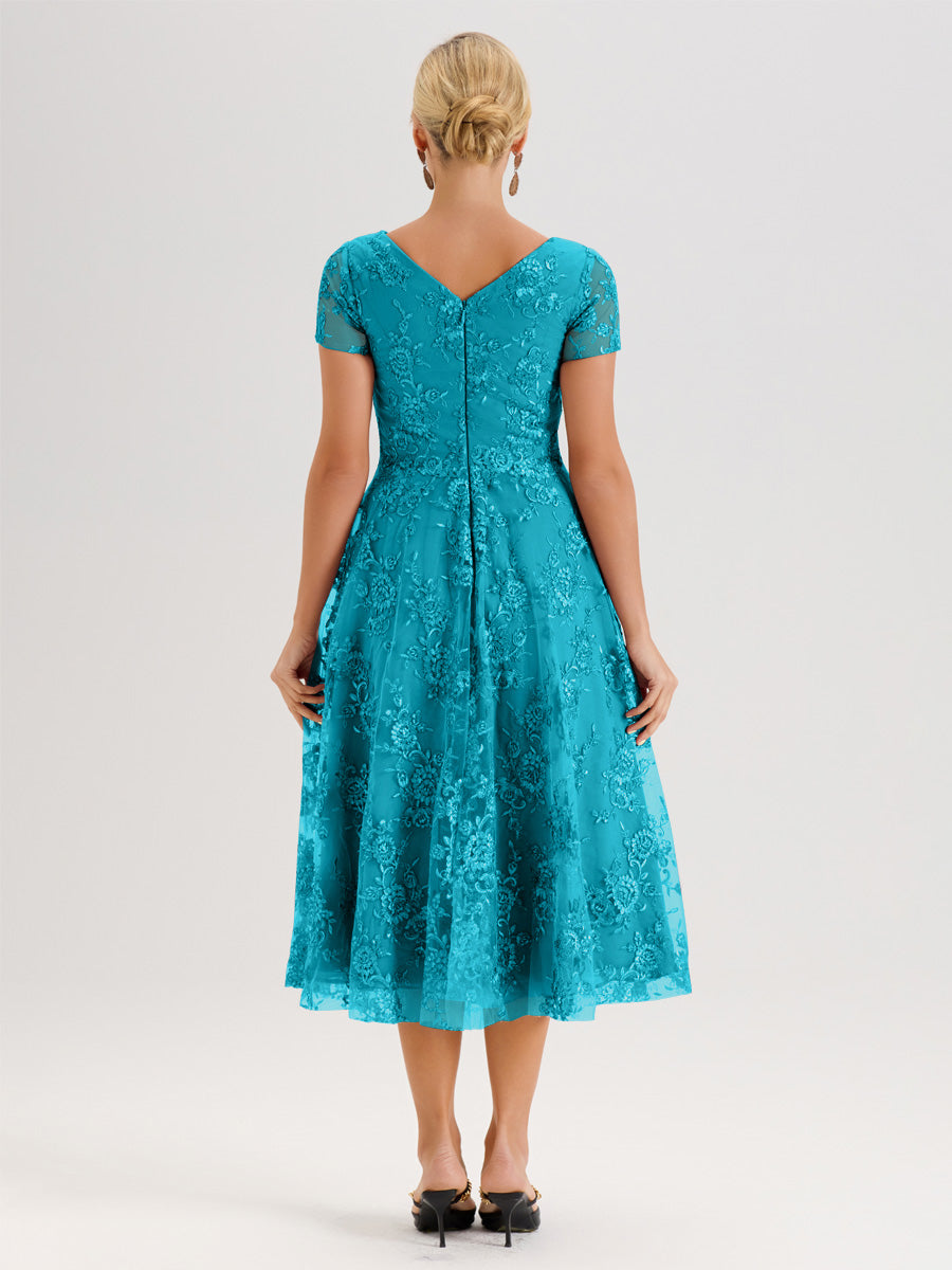 Cicinia Jade Robe Mère De La Mariée Col Ras Du Cou Manches Courtes En Mousseline Et Dentelle Longueur Mi-Mollet