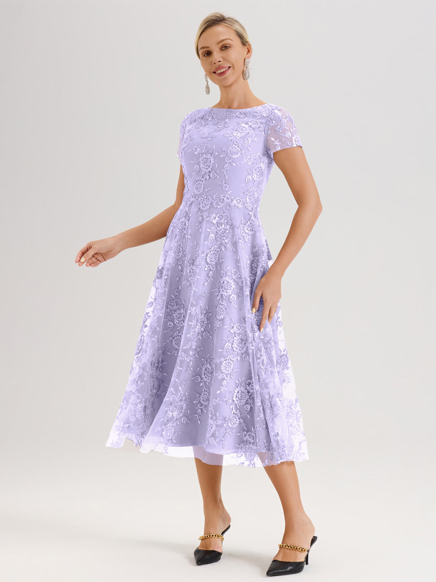Cicinia Lilas Robe Mère De La Mariée Col Ras Du Cou Manches Courtes En Mousseline Et Dentelle Longueur Mi-Mollet
