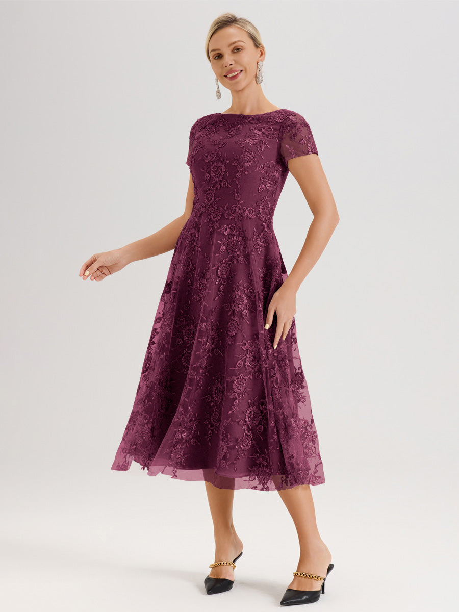 Cicinia Mûre Robe Mère De La Mariée Col Ras Du Cou Manches Courtes En Mousseline Et Dentelle Longueur Mi-Mollet