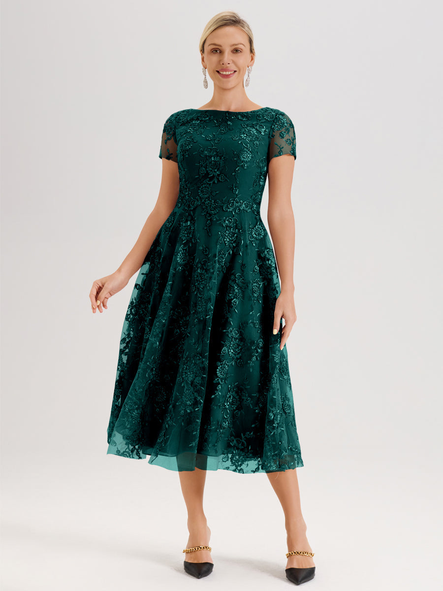 Cicinia Paon Robe Mère De La Mariée Col Ras Du Cou Manches Courtes En Mousseline Et Dentelle Longueur Mi-Mollet