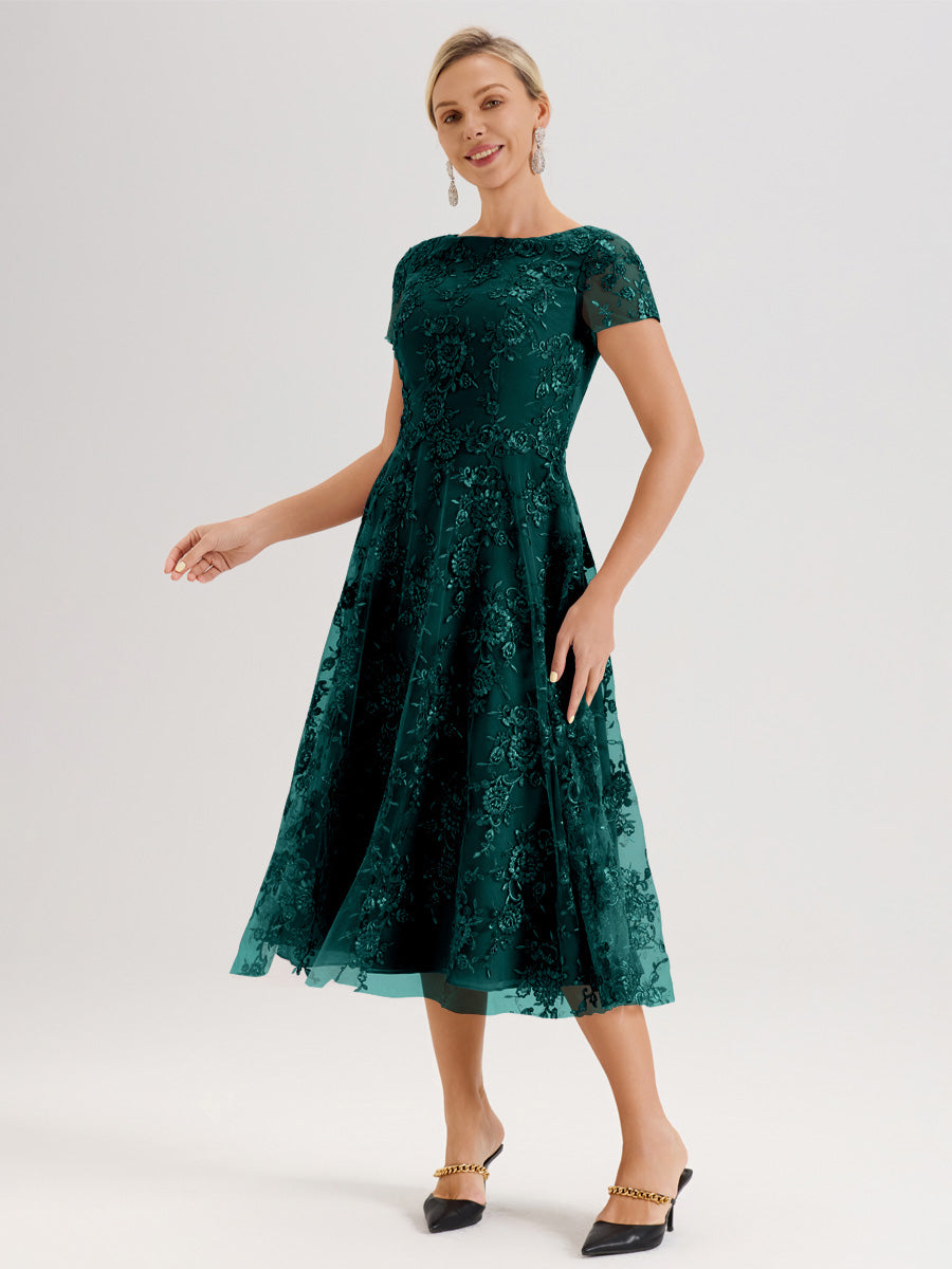 Cicinia Paon Robe Mère De La Mariée Col Ras Du Cou Manches Courtes En Mousseline Et Dentelle Longueur Mi-Mollet