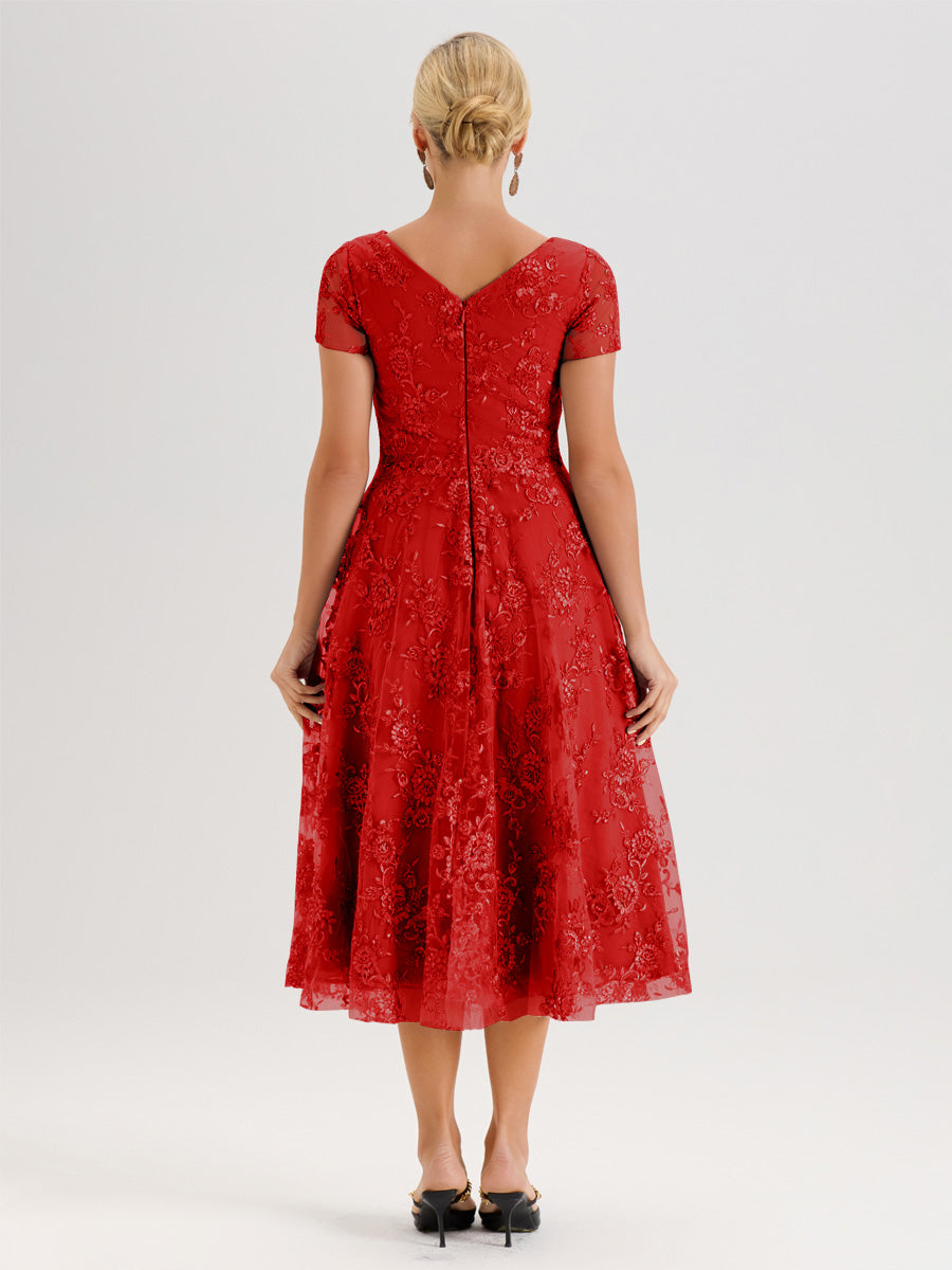 Cicinia Rouge Robe Mère De La Mariée Col Ras Du Cou Manches Courtes En Mousseline Et Dentelle Longueur Mi-Mollet