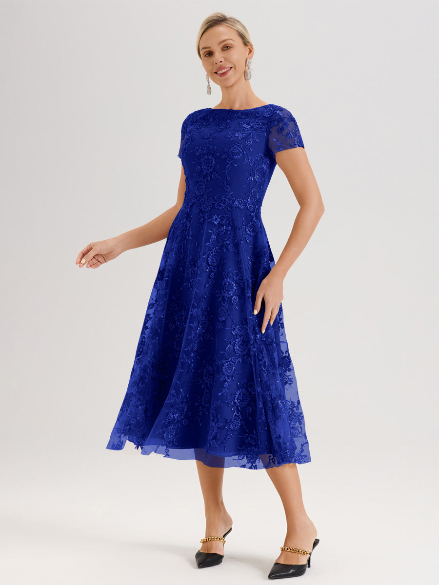 Cicinia Bleu Royale Robe Mère De La Mariée Col Ras Du Cou Manches Courtes En Mousseline Et Dentelle Longueur Mi-Mollet