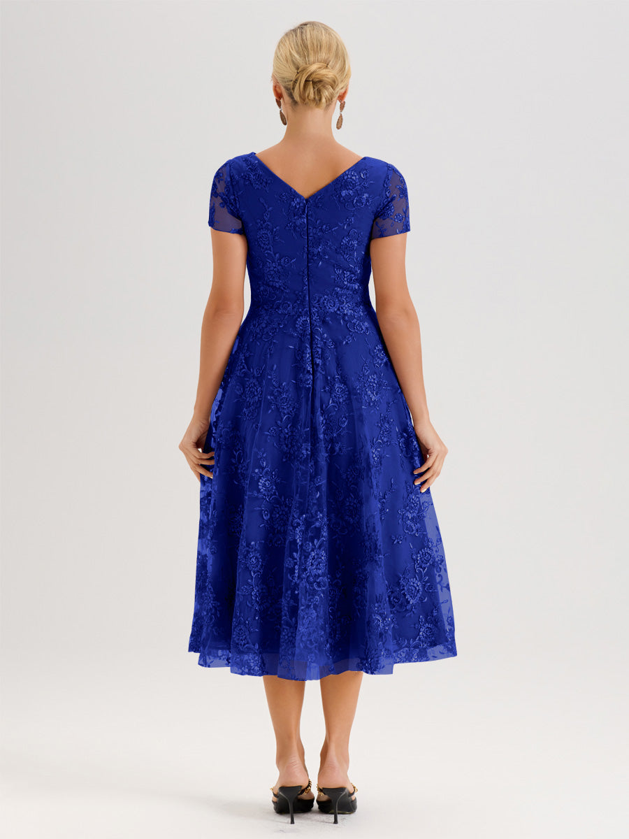 Cicinia Bleu Royale Robe Mère De La Mariée Col Ras Du Cou Manches Courtes En Mousseline Et Dentelle Longueur Mi-Mollet