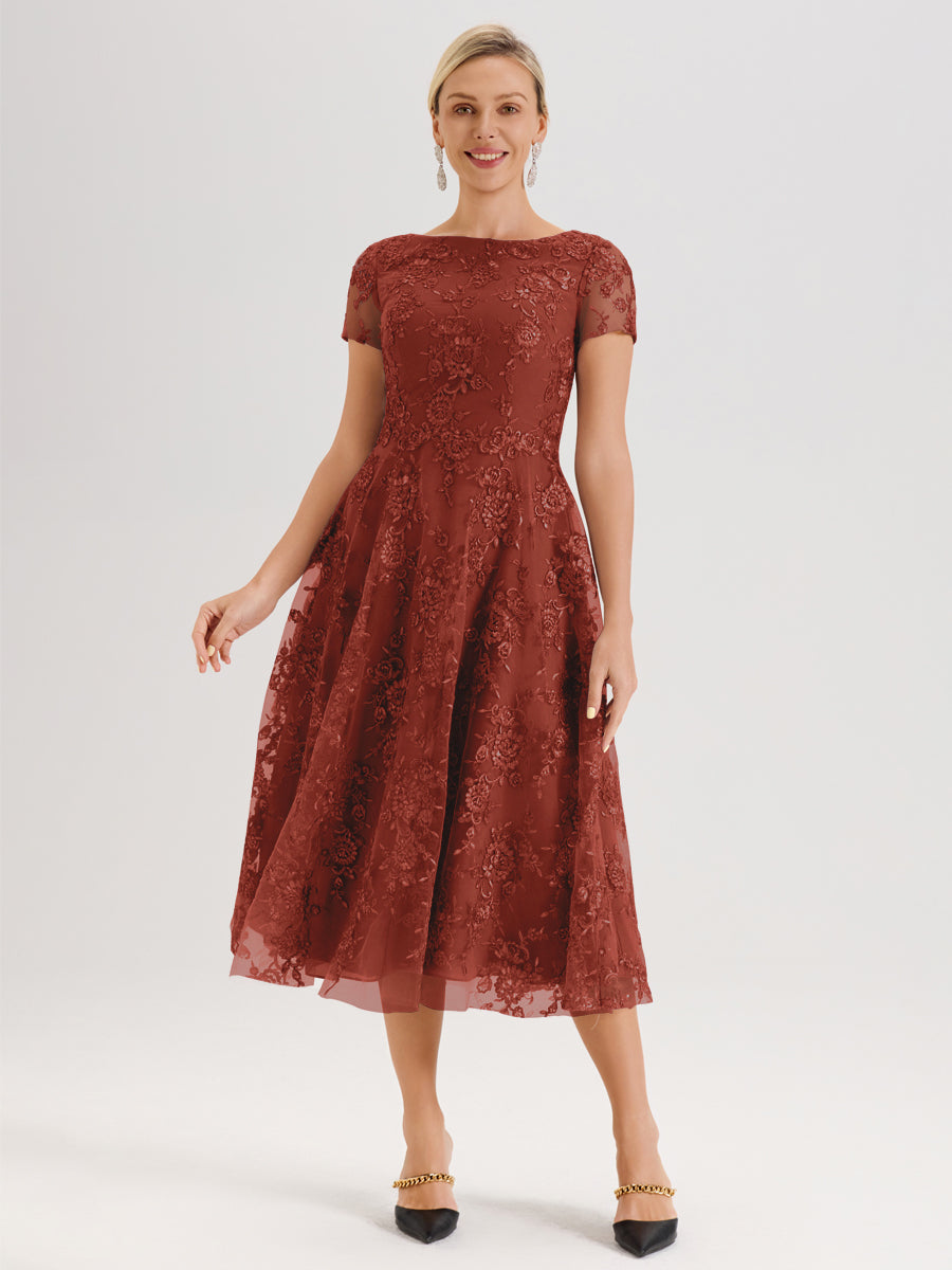 Cicinia Rouille Robe Mère De La Mariée Col Ras Du Cou Manches Courtes En Mousseline Et Dentelle Longueur Mi-Mollet