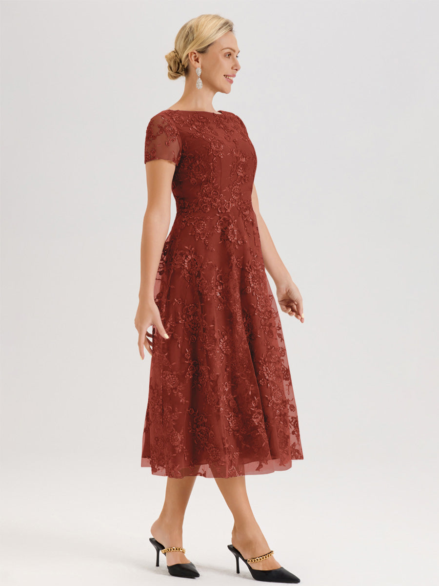 Cicinia Rouille Robe Mère De La Mariée Col Ras Du Cou Manches Courtes En Mousseline Et Dentelle Longueur Mi-Mollet