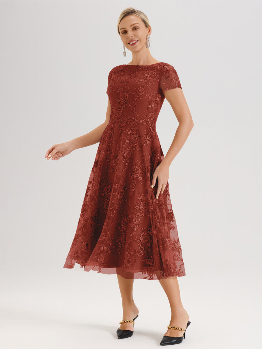 Cicinia Rouille Robe Mère De La Mariée Col Ras Du Cou Manches Courtes En Mousseline Et Dentelle Longueur Mi-Mollet