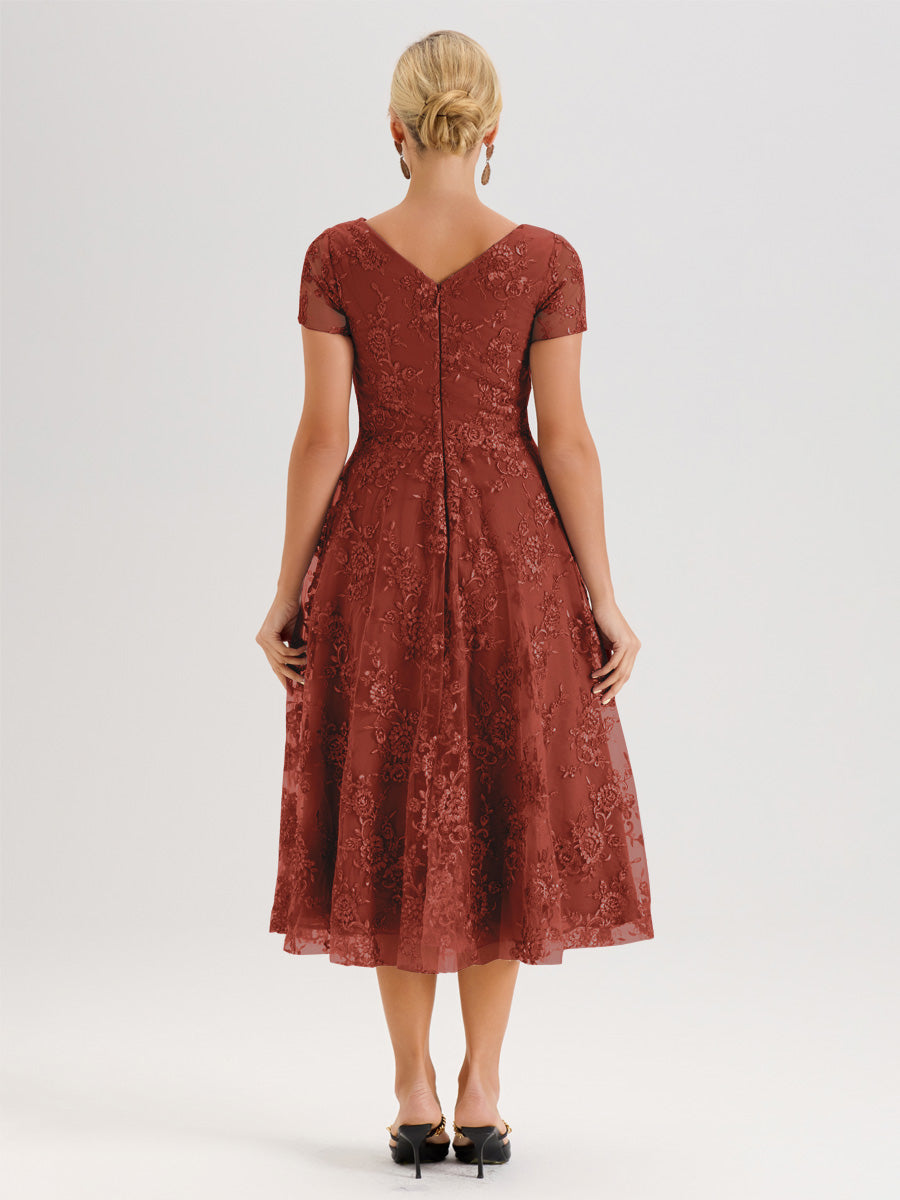 Cicinia Rouille Robe Mère De La Mariée Col Ras Du Cou Manches Courtes En Mousseline Et Dentelle Longueur Mi-Mollet