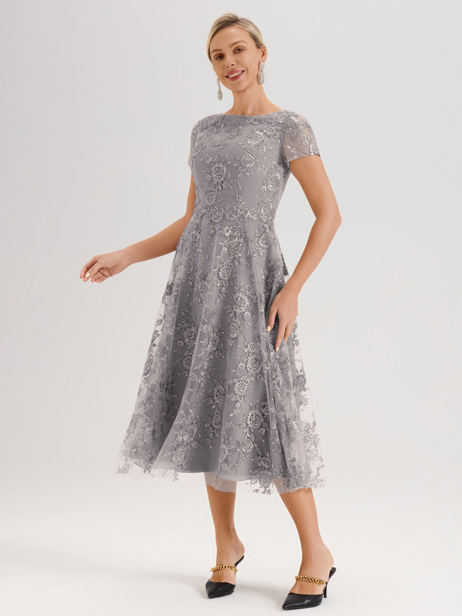 Cicinia Argent Robe Mère De La Mariée Col Ras Du Cou Manches Courtes En Mousseline Et Dentelle Longueur Mi-Mollet