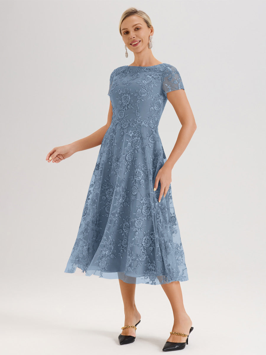 Cicinia Bleu De Schiste Robe Mère De La Mariée Col Ras Du Cou Manches Courtes En Mousseline Et Dentelle Longueur Mi-Mollet