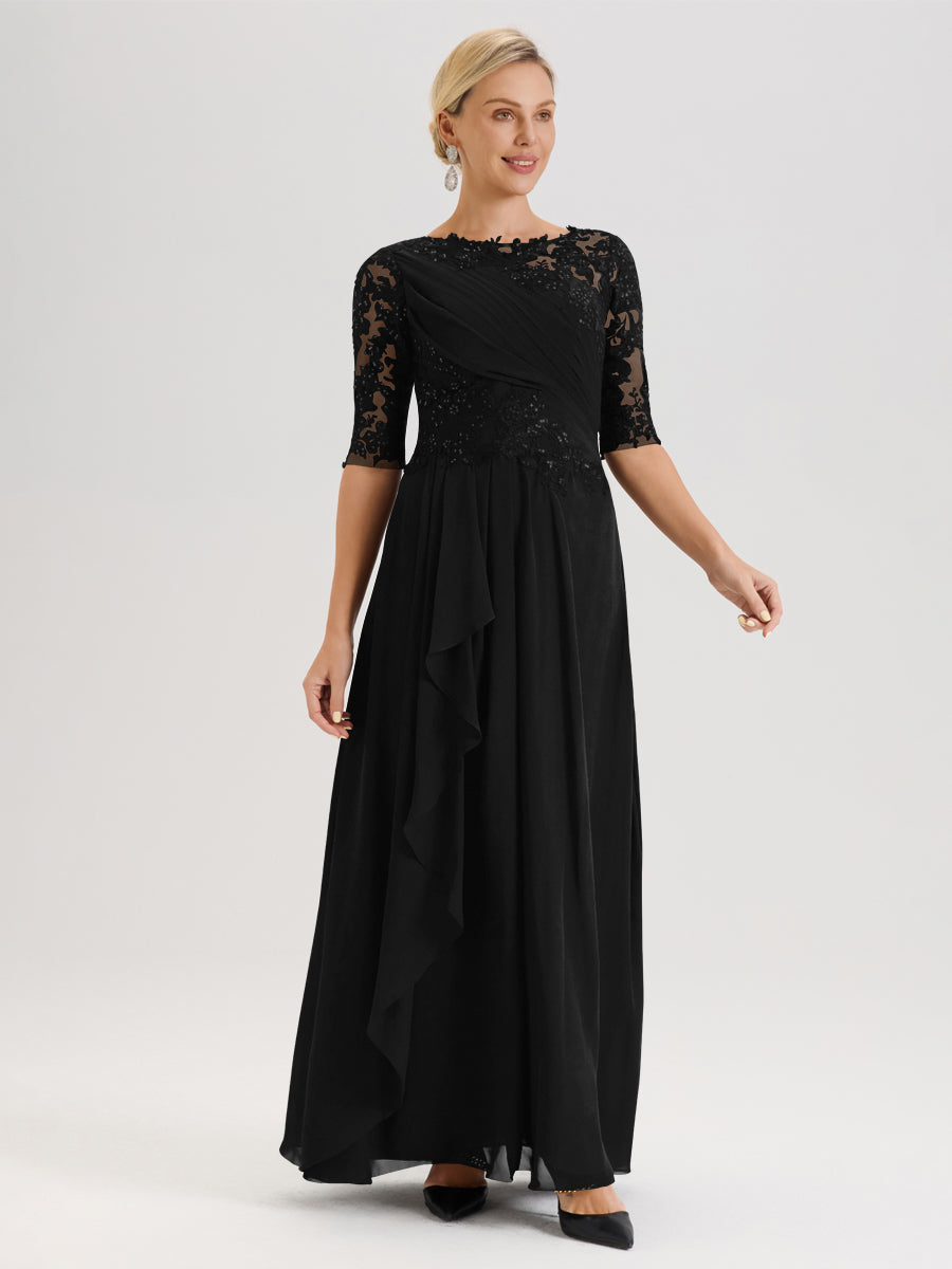 Cicinia Noir Robe Mère De La Mariée Col Ras Du Cou À Demi-Manches Trapèze En Mousseline Et Dentelle Longueur Au Sol