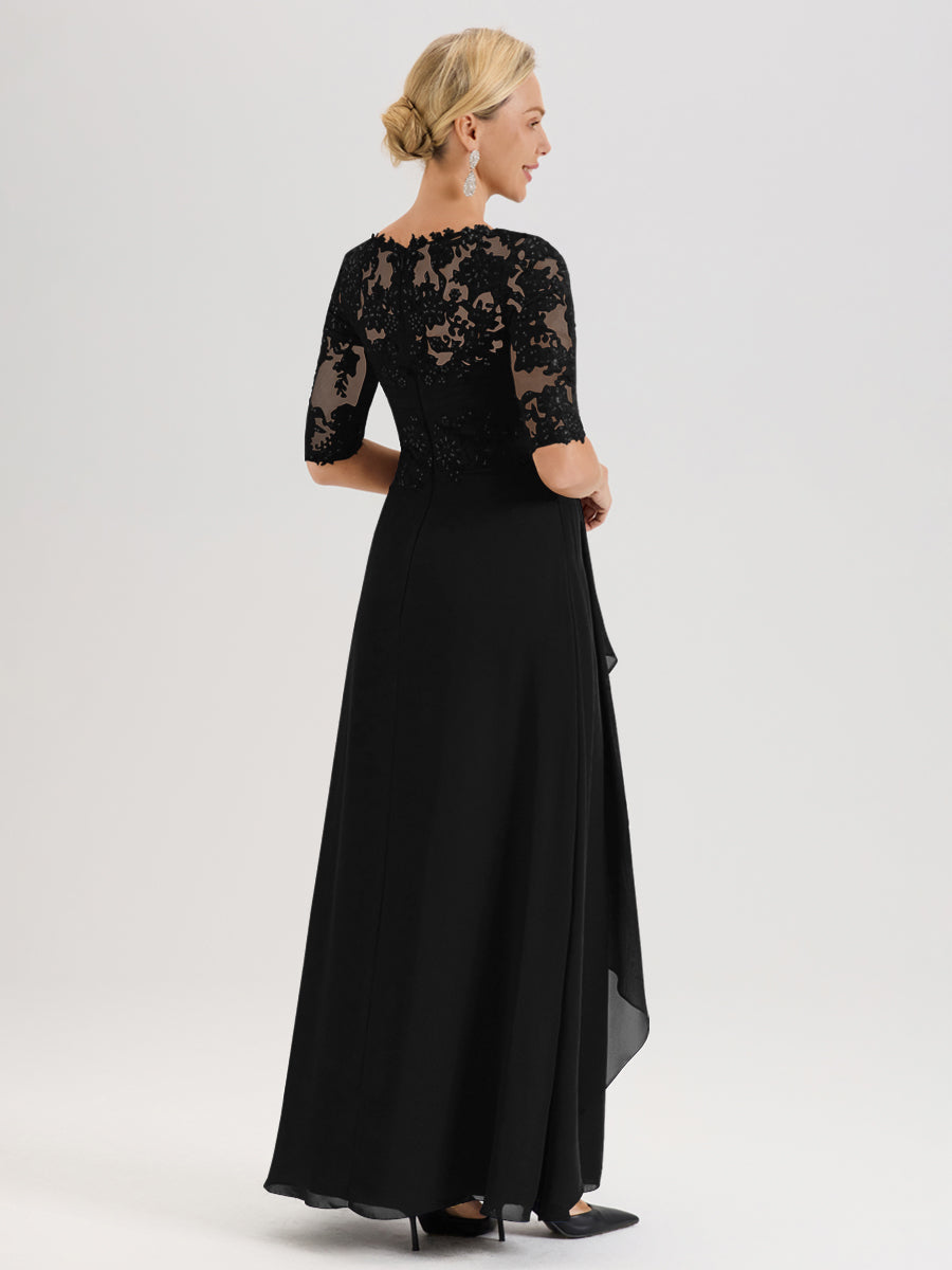 Cicinia Noir Robe Mère De La Mariée Col Ras Du Cou À Demi-Manches Trapèze En Mousseline Et Dentelle Longueur Au Sol