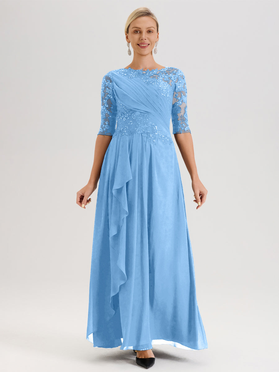 Cicinia Bleu Robe Mère De La Mariée Col Ras Du Cou À Demi-Manches Trapèze En Mousseline Et Dentelle Longueur Au Sol
