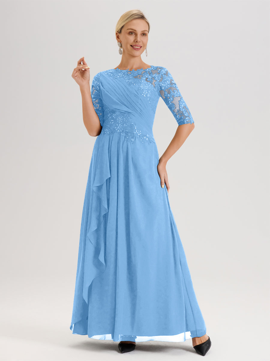 Cicinia Bleu Robe Mère De La Mariée Col Ras Du Cou À Demi-Manches Trapèze En Mousseline Et Dentelle Longueur Au Sol