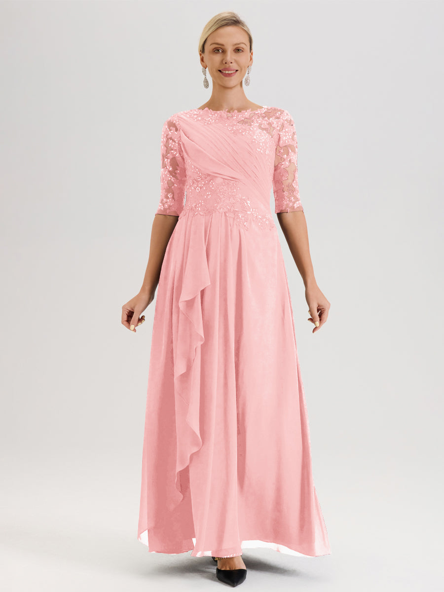Cicinia Rose Robe Mère De La Mariée Col Ras Du Cou À Demi-Manches Trapèze En Mousseline Et Dentelle Longueur Au Sol