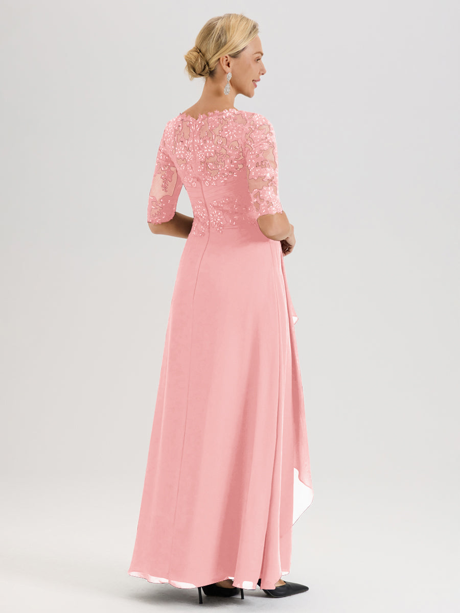 Cicinia Rose Robe Mère De La Mariée Col Ras Du Cou À Demi-Manches Trapèze En Mousseline Et Dentelle Longueur Au Sol
