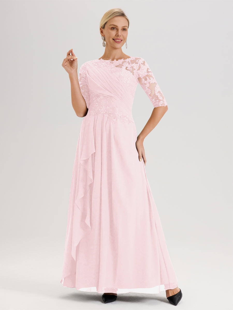 Cicinia Rose Pâle Robe Mère De La Mariée Col Ras Du Cou À Demi-Manches Trapèze En Mousseline Et Dentelle Longueur Au Sol