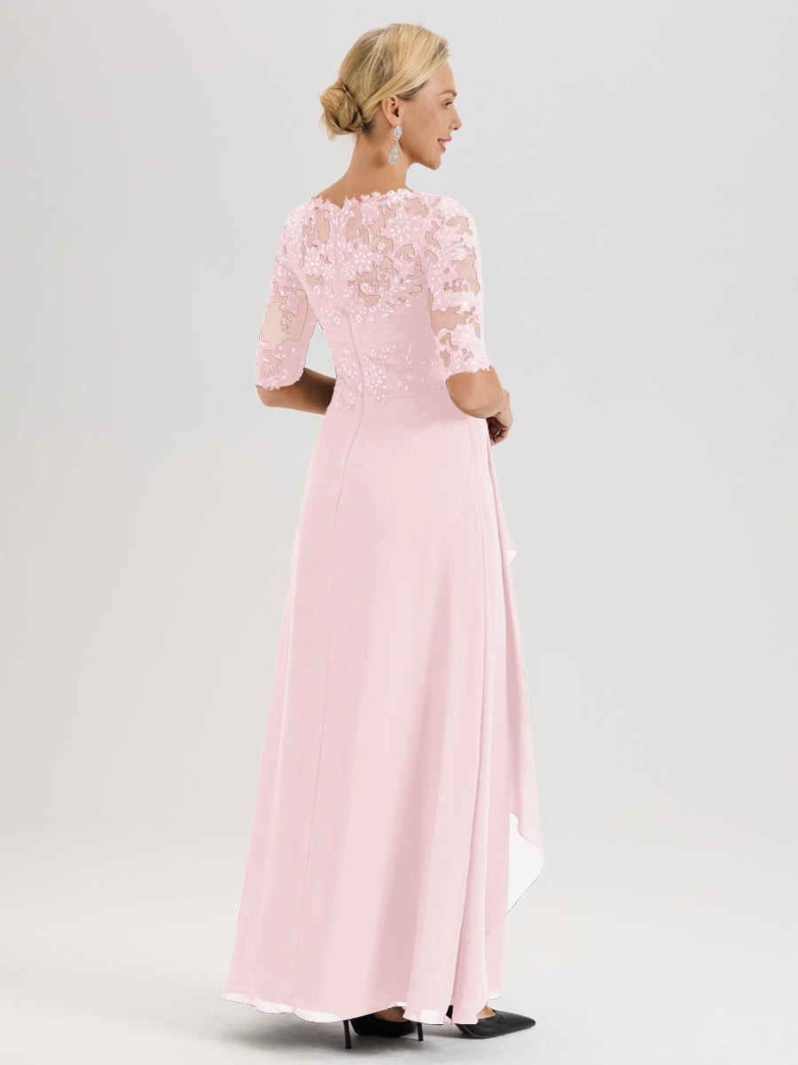 Cicinia Rose Pâle Robe Mère De La Mariée Col Ras Du Cou À Demi-Manches Trapèze En Mousseline Et Dentelle Longueur Au Sol