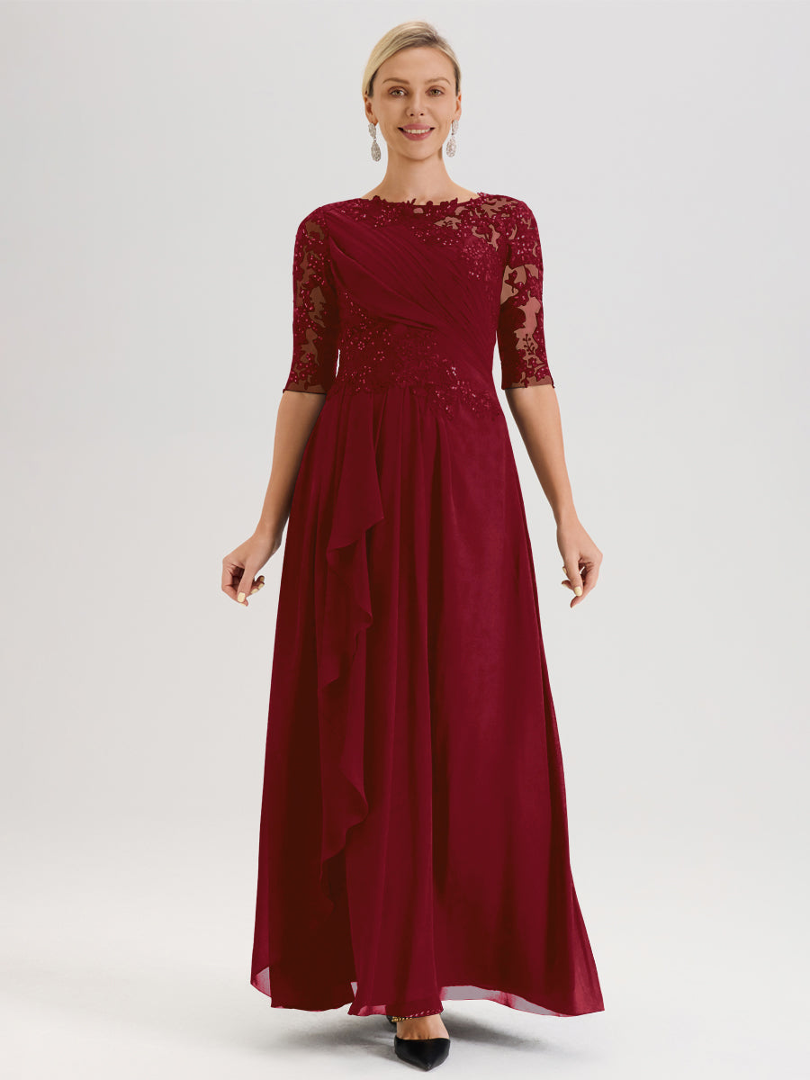 Cicinia Bordeaux Robe Mère De La Mariée Col Ras Du Cou À Demi-Manches Trapèze En Mousseline Et Dentelle Longueur Au Sol