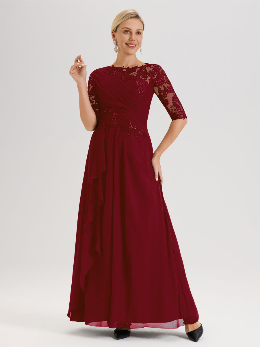 Cicinia Bordeaux Robe Mère De La Mariée Col Ras Du Cou À Demi-Manches Trapèze En Mousseline Et Dentelle Longueur Au Sol