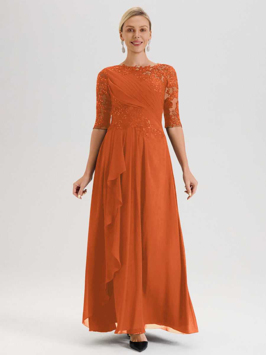 Cicinia Orange Brûlé Robe Mère De La Mariée Col Ras Du Cou À Demi-Manches Trapèze En Mousseline Et Dentelle Longueur Au Sol