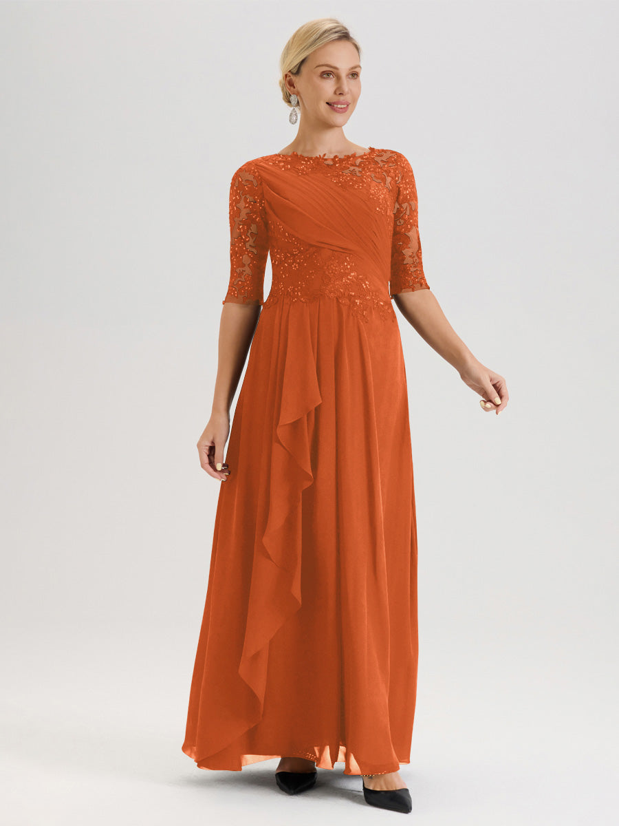 Cicinia Orange Brûlé Robe Mère De La Mariée Col Ras Du Cou À Demi-Manches Trapèze En Mousseline Et Dentelle Longueur Au Sol