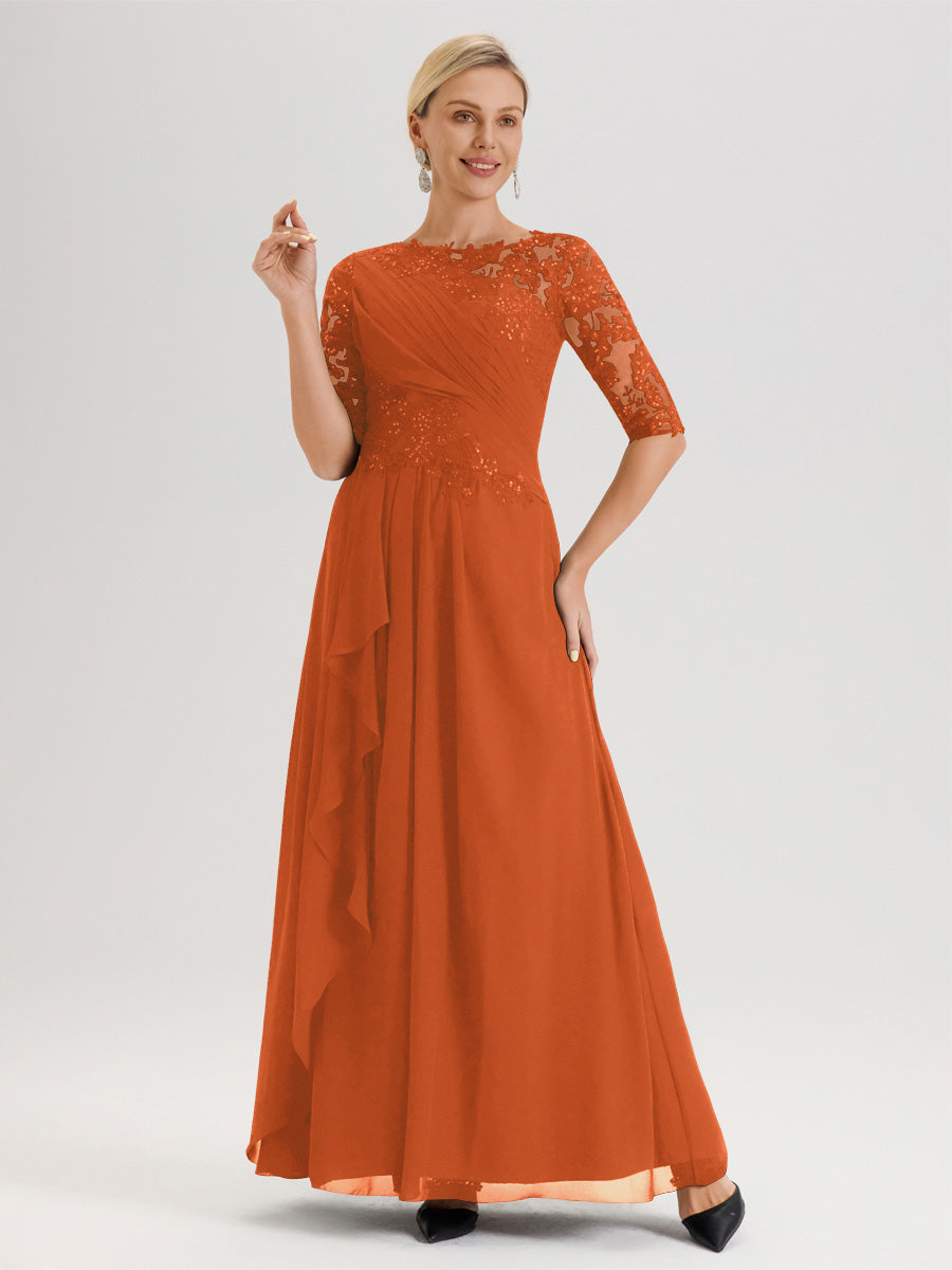 Cicinia Orange Brûlé Robe Mère De La Mariée Col Ras Du Cou À Demi-Manches Trapèze En Mousseline Et Dentelle Longueur Au Sol