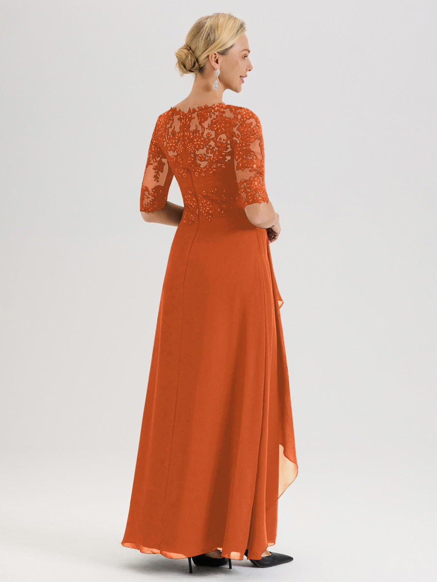 Cicinia Orange Brûlé Robe Mère De La Mariée Col Ras Du Cou À Demi-Manches Trapèze En Mousseline Et Dentelle Longueur Au Sol