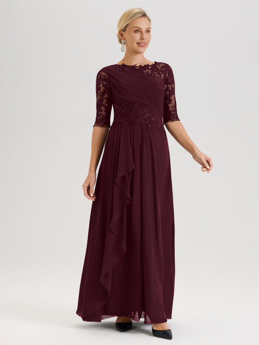 Cicinia Cabernet Robe Mère De La Mariée Col Ras Du Cou À Demi-Manches Trapèze En Mousseline Et Dentelle Longueur Au Sol