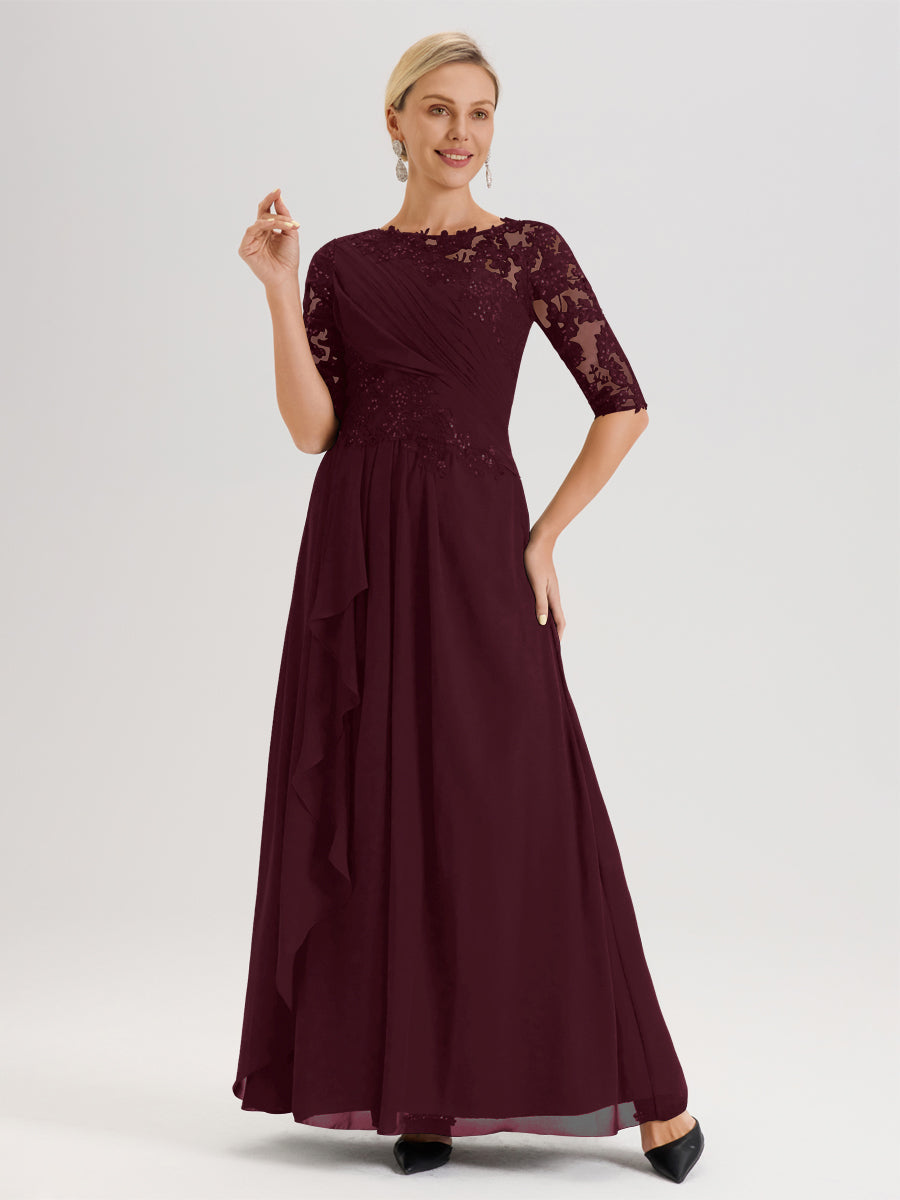 Cicinia Cabernet Robe Mère De La Mariée Col Ras Du Cou À Demi-Manches Trapèze En Mousseline Et Dentelle Longueur Au Sol