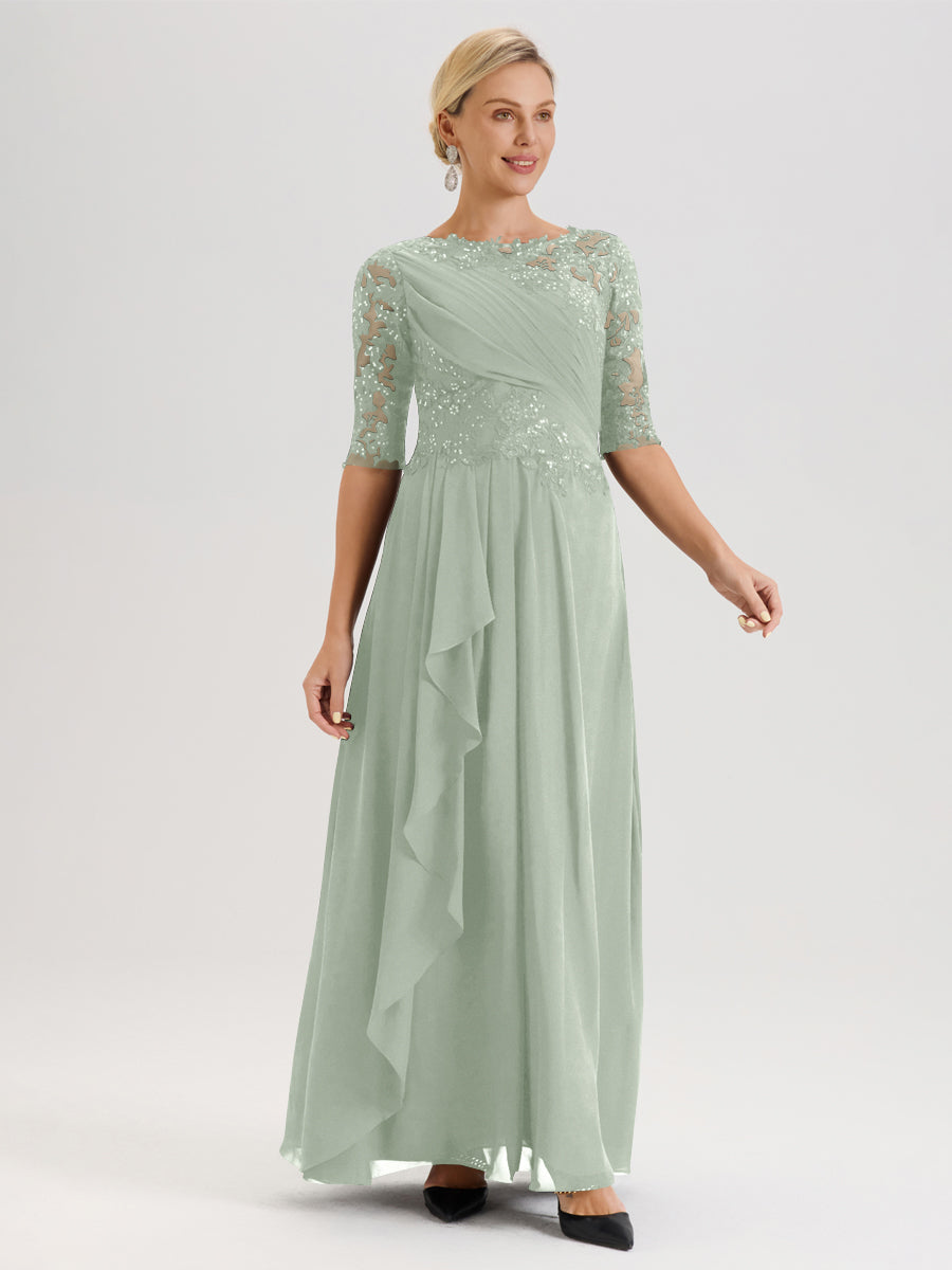 Cicinia Celadon Robe Mère De La Mariée Col Ras Du Cou À Demi-Manches Trapèze En Mousseline Et Dentelle Longueur Au Sol