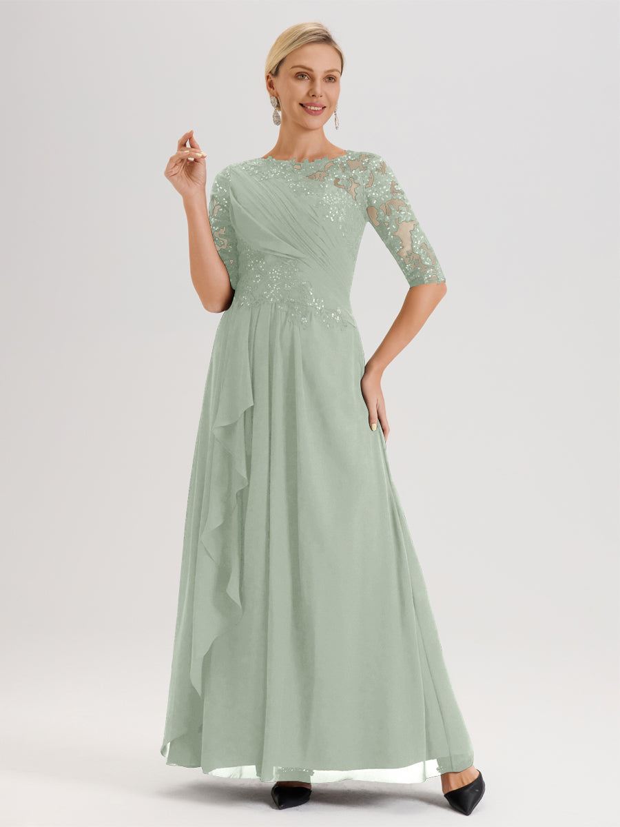 Cicinia Celadon Robe Mère De La Mariée Col Ras Du Cou À Demi-Manches Trapèze En Mousseline Et Dentelle Longueur Au Sol