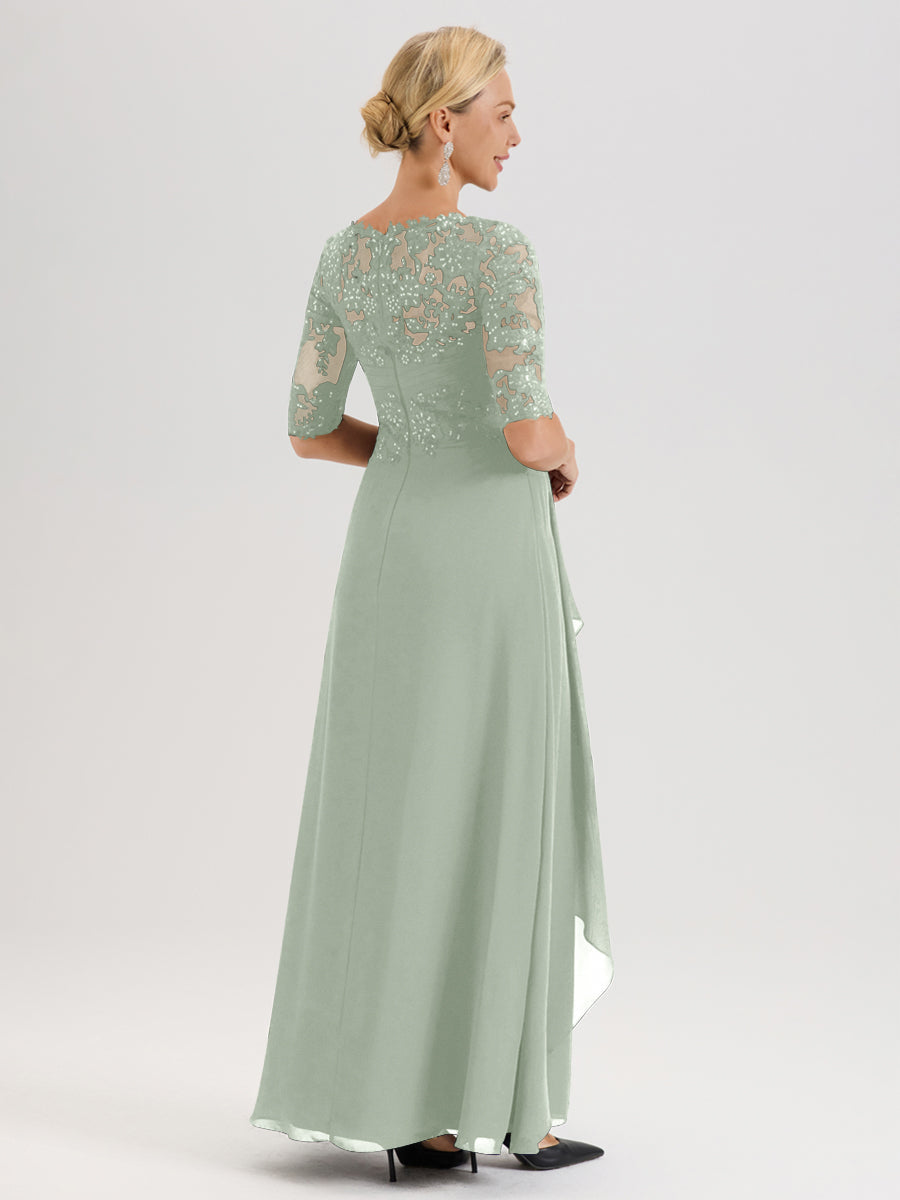 Cicinia Celadon Robe Mère De La Mariée Col Ras Du Cou À Demi-Manches Trapèze En Mousseline Et Dentelle Longueur Au Sol