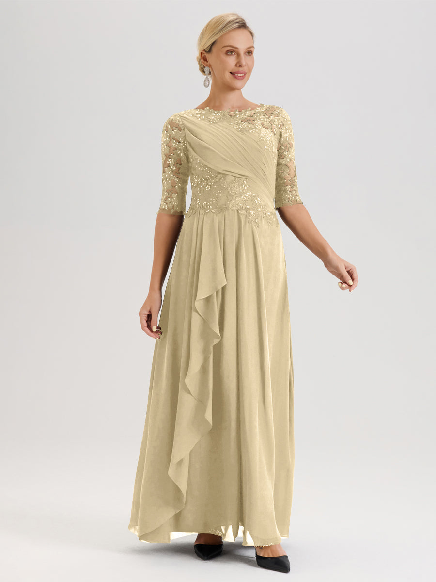 Cicinia Champagne Robe Mère De La Mariée Col Ras Du Cou À Demi-Manches Trapèze En Mousseline Et Dentelle Longueur Au Sol