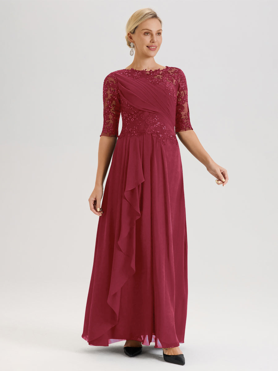 Cicinia Rose Cannelle Robe Mère De La Mariée Col Ras Du Cou À Demi-Manches Trapèze En Mousseline Et Dentelle Longueur Au Sol